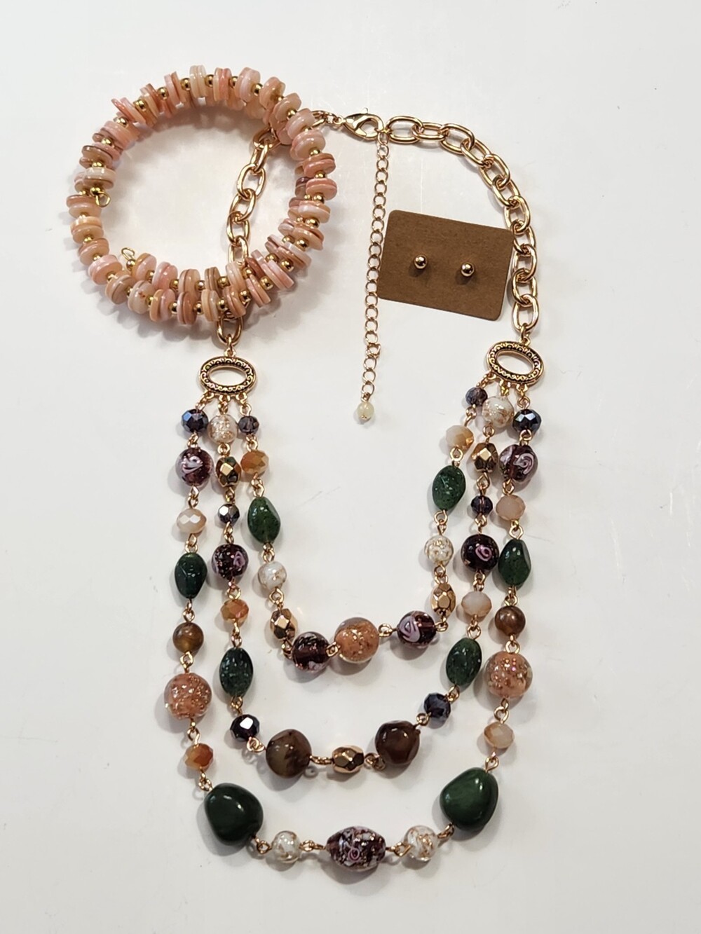Jewelry Set Multi-Layers Art Glass Shells Resin Goldtone Boho Coastal Beauty